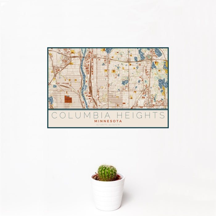 12x18 Columbia Heights Minnesota Map Print Landscape Orientation in Woodblock Style With Small Cactus Plant in White Planter