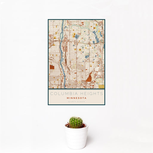 12x18 Columbia Heights Minnesota Map Print Portrait Orientation in Woodblock Style With Small Cactus Plant in White Planter