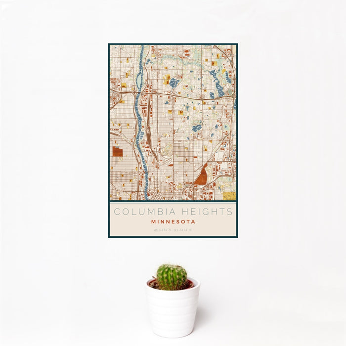 12x18 Columbia Heights Minnesota Map Print Portrait Orientation in Woodblock Style With Small Cactus Plant in White Planter