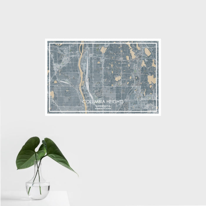 16x24 Columbia Heights Minnesota Map Print Landscape Orientation in Afternoon Style With Tropical Plant Leaves in Water