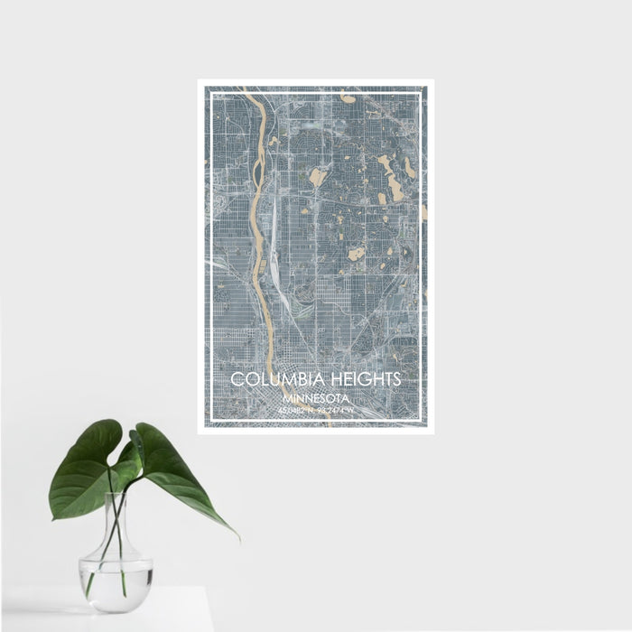 16x24 Columbia Heights Minnesota Map Print Portrait Orientation in Afternoon Style With Tropical Plant Leaves in Water