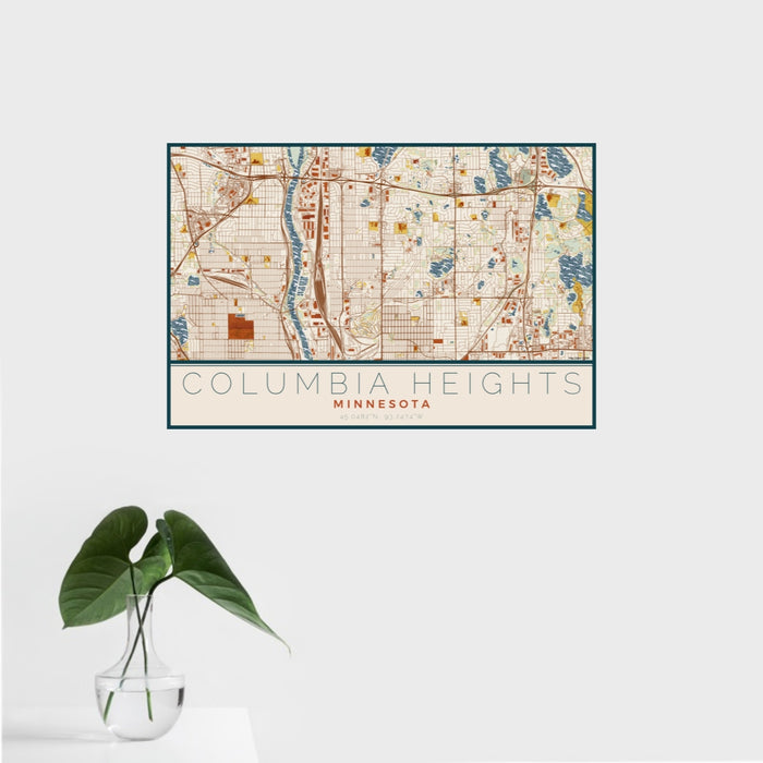 16x24 Columbia Heights Minnesota Map Print Landscape Orientation in Woodblock Style With Tropical Plant Leaves in Water