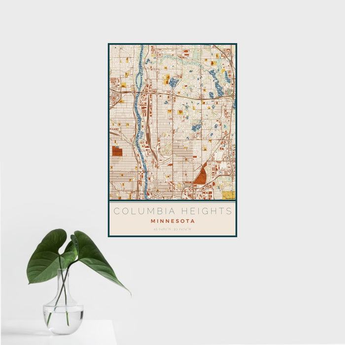 16x24 Columbia Heights Minnesota Map Print Portrait Orientation in Woodblock Style With Tropical Plant Leaves in Water