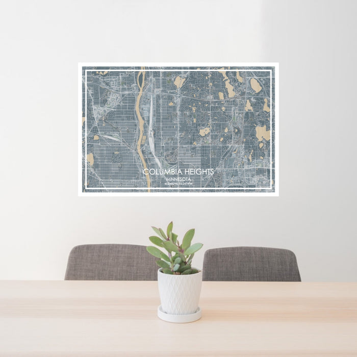 24x36 Columbia Heights Minnesota Map Print Lanscape Orientation in Afternoon Style Behind 2 Chairs Table and Potted Plant