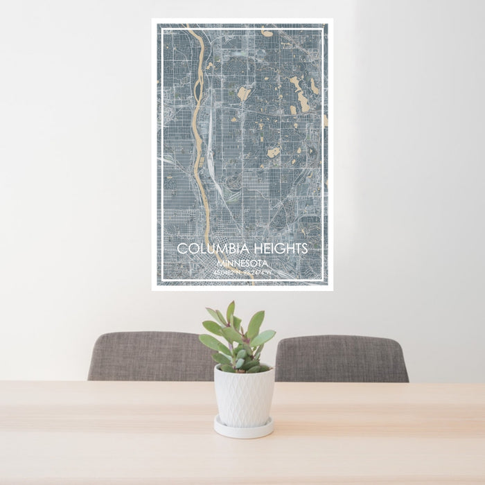 24x36 Columbia Heights Minnesota Map Print Portrait Orientation in Afternoon Style Behind 2 Chairs Table and Potted Plant