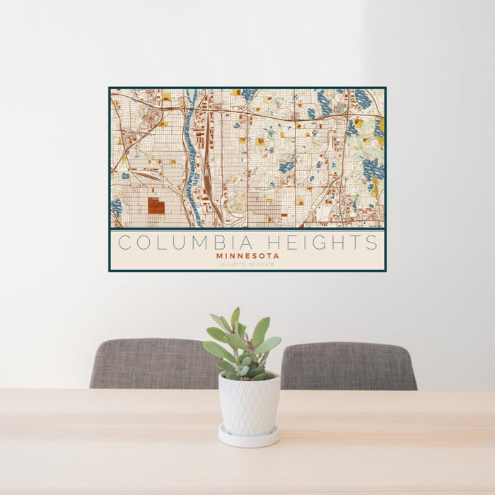 24x36 Columbia Heights Minnesota Map Print Lanscape Orientation in Woodblock Style Behind 2 Chairs Table and Potted Plant