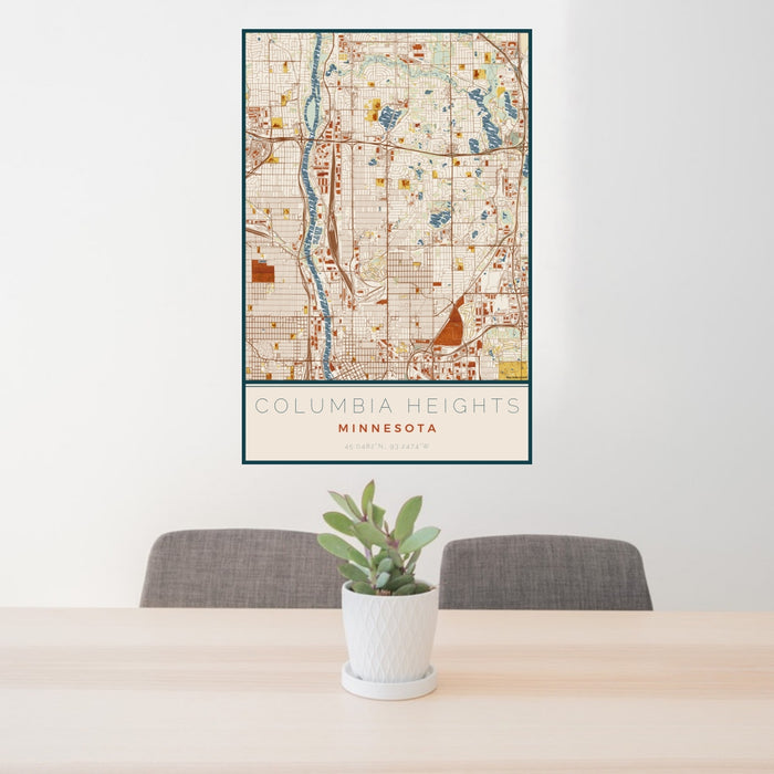 24x36 Columbia Heights Minnesota Map Print Portrait Orientation in Woodblock Style Behind 2 Chairs Table and Potted Plant