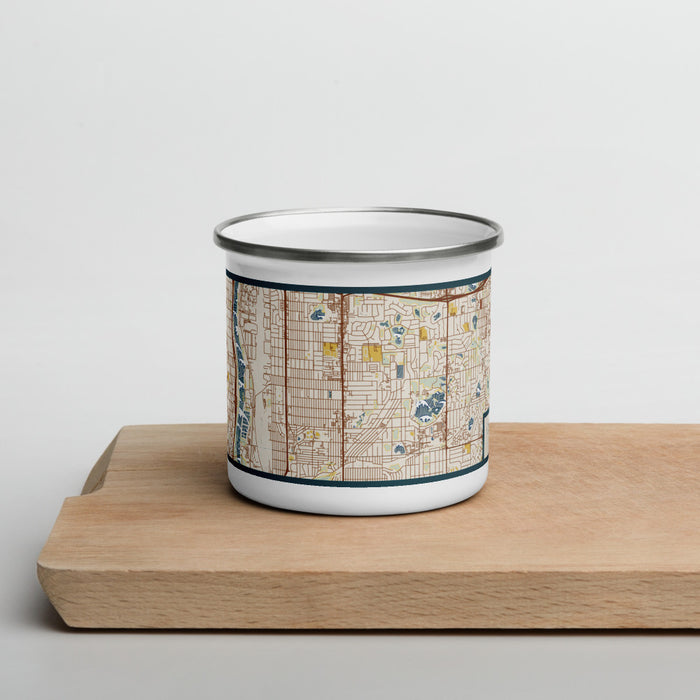 Front View Custom Columbia Heights Minnesota Map Enamel Mug in Woodblock on Cutting Board