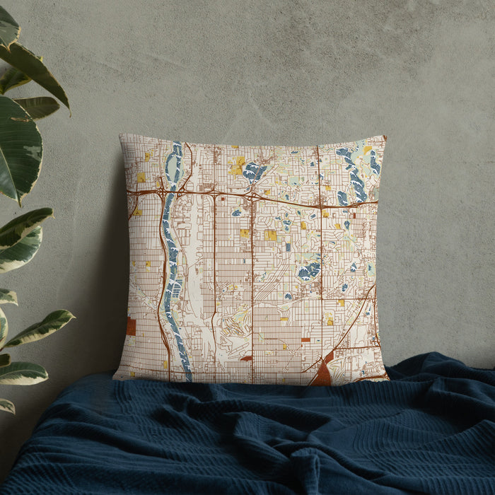 Custom Columbia Heights Minnesota Map Throw Pillow in Woodblock on Bedding Against Wall