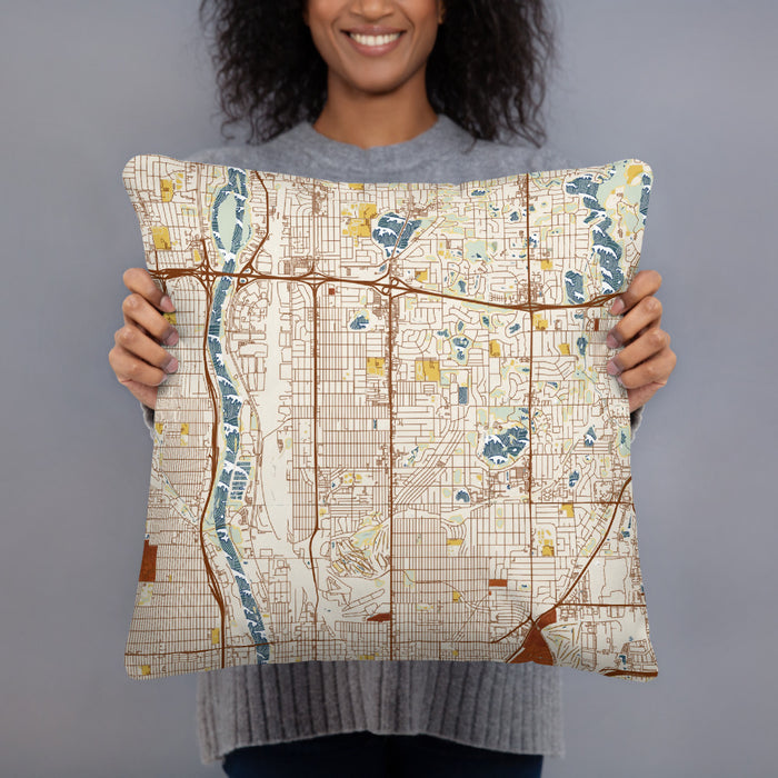 Person holding 18x18 Custom Columbia Heights Minnesota Map Throw Pillow in Woodblock