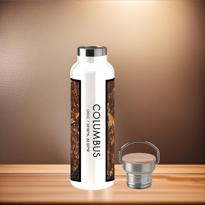 Columbus Ohio Custom City Map Inscription Coordinates on 20oz Stainless Steel Insulated Bottle with Bamboo Top with printed ember style map