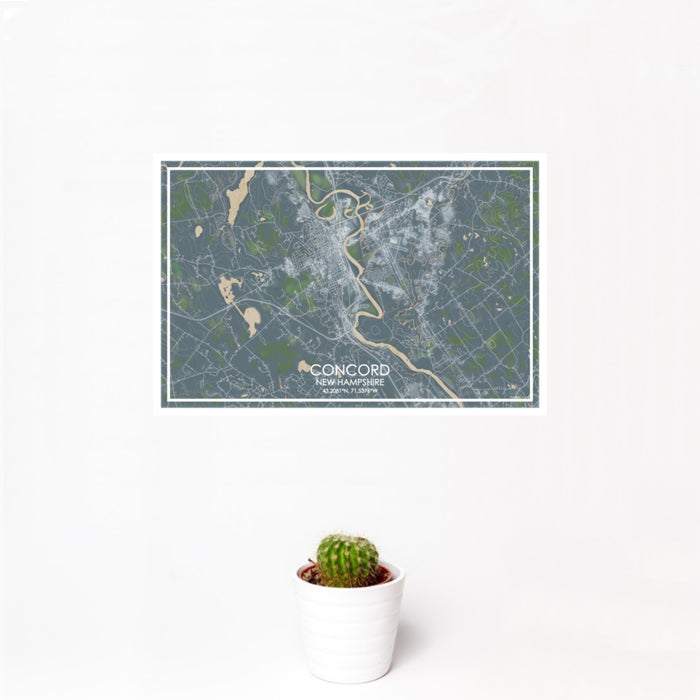 12x18 Concord New Hampshire Map Print Landscape Orientation in Afternoon Style With Small Cactus Plant in White Planter