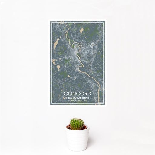 12x18 Concord New Hampshire Map Print Portrait Orientation in Afternoon Style With Small Cactus Plant in White Planter