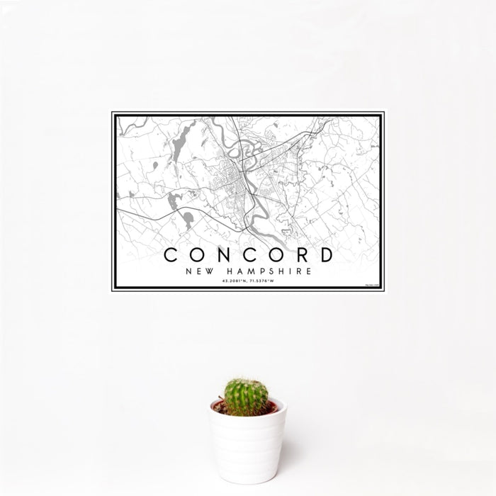 12x18 Concord New Hampshire Map Print Landscape Orientation in Classic Style With Small Cactus Plant in White Planter