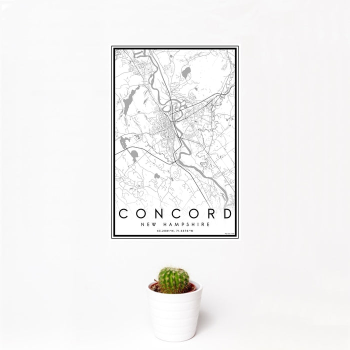12x18 Concord New Hampshire Map Print Portrait Orientation in Classic Style With Small Cactus Plant in White Planter