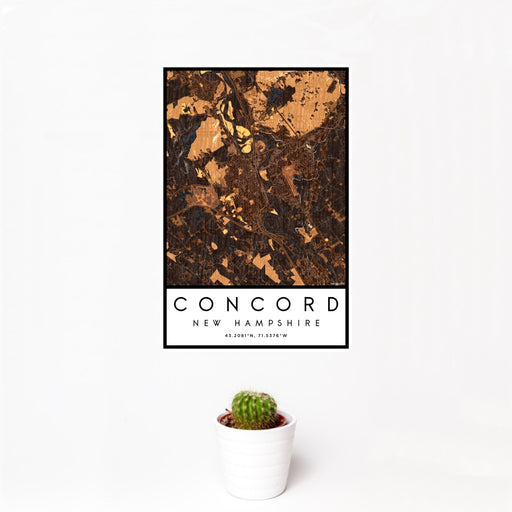 12x18 Concord New Hampshire Map Print Portrait Orientation in Ember Style With Small Cactus Plant in White Planter