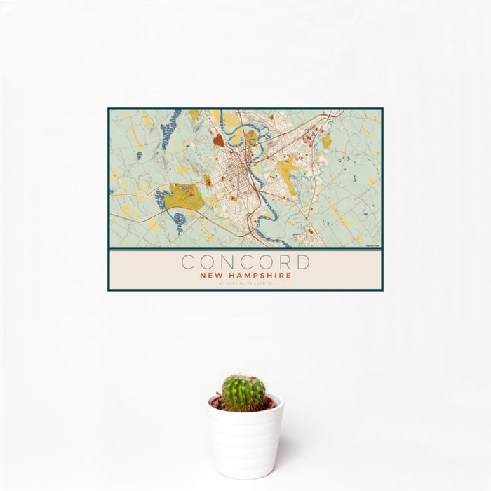 12x18 Concord New Hampshire Map Print Landscape Orientation in Woodblock Style With Small Cactus Plant in White Planter