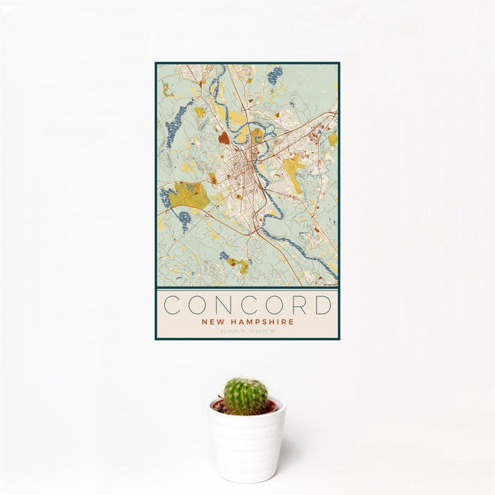 12x18 Concord New Hampshire Map Print Portrait Orientation in Woodblock Style With Small Cactus Plant in White Planter