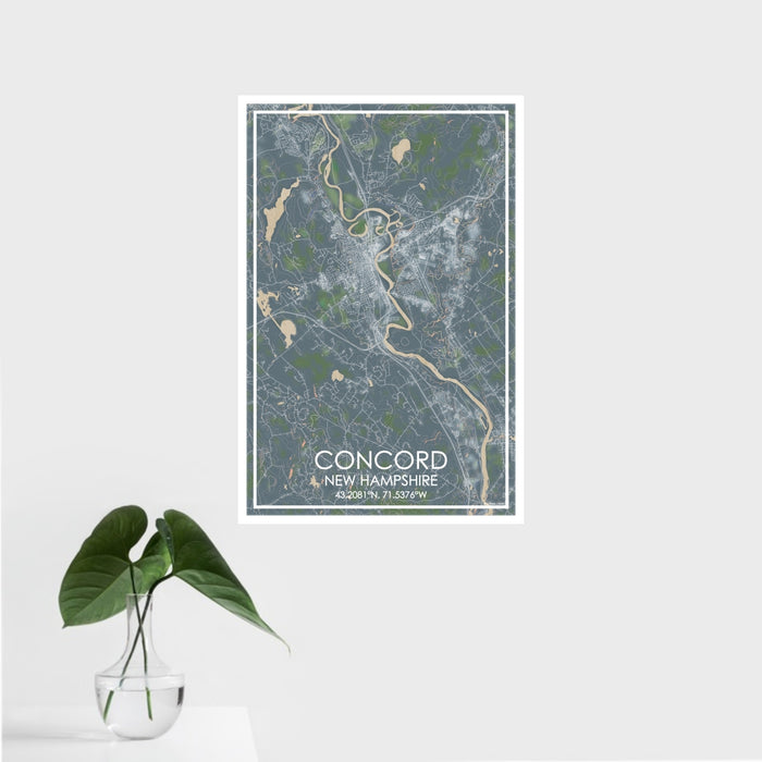 16x24 Concord New Hampshire Map Print Portrait Orientation in Afternoon Style With Tropical Plant Leaves in Water
