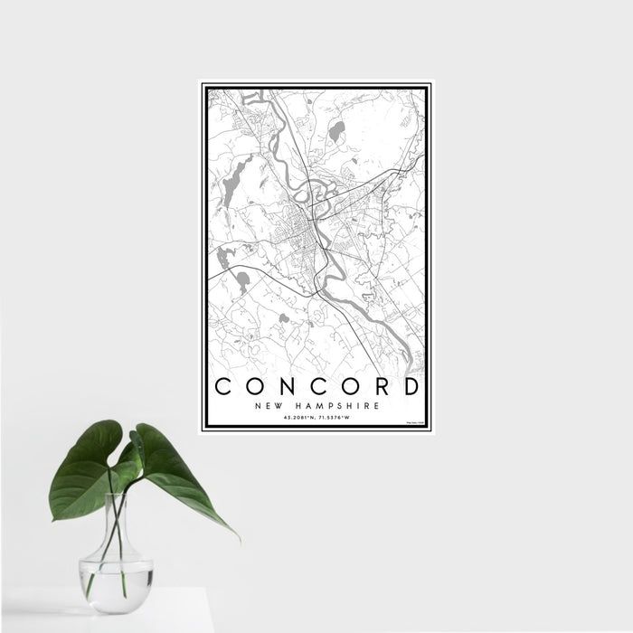 16x24 Concord New Hampshire Map Print Portrait Orientation in Classic Style With Tropical Plant Leaves in Water