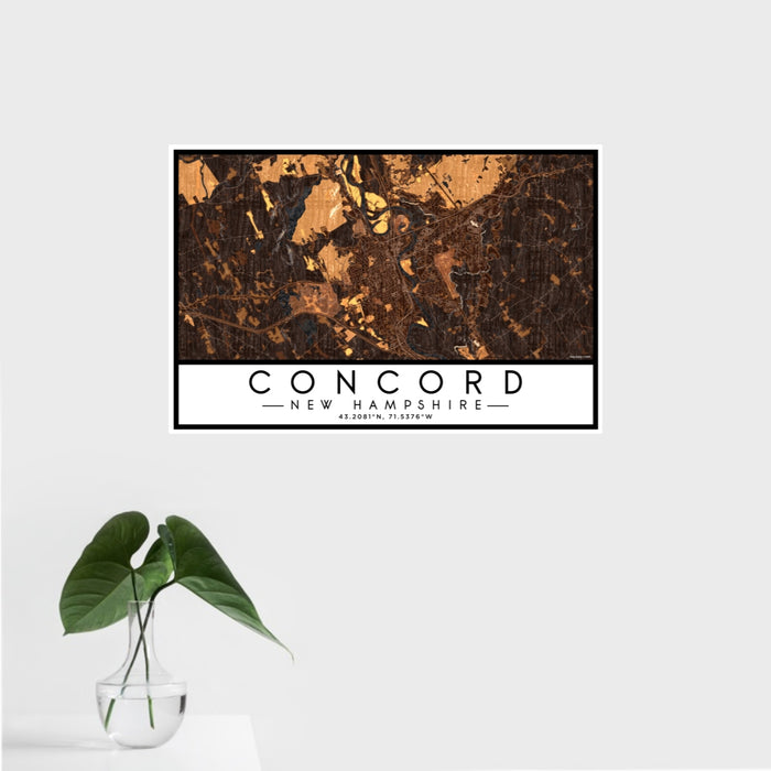 16x24 Concord New Hampshire Map Print Landscape Orientation in Ember Style With Tropical Plant Leaves in Water