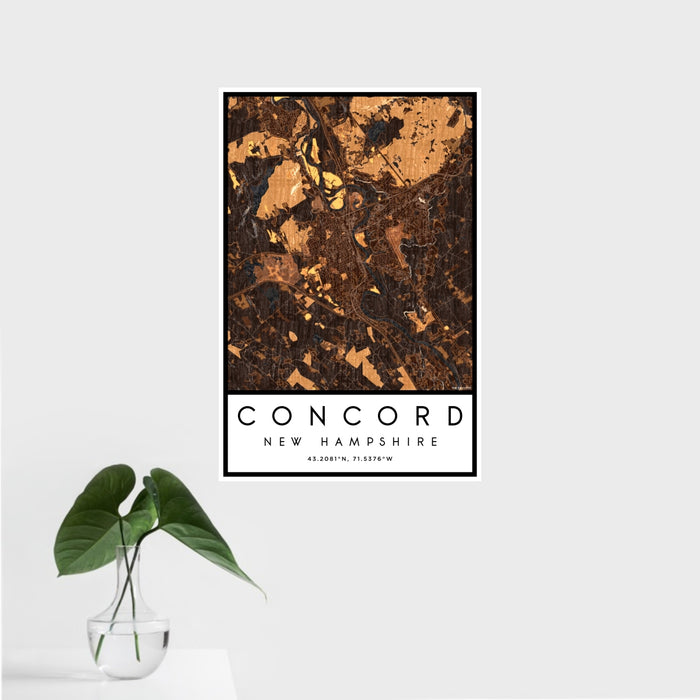 16x24 Concord New Hampshire Map Print Portrait Orientation in Ember Style With Tropical Plant Leaves in Water