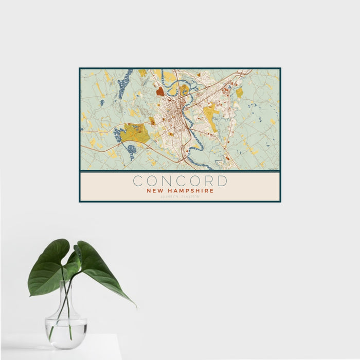 16x24 Concord New Hampshire Map Print Landscape Orientation in Woodblock Style With Tropical Plant Leaves in Water
