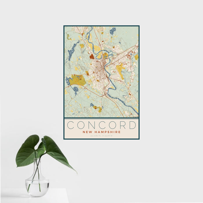 16x24 Concord New Hampshire Map Print Portrait Orientation in Woodblock Style With Tropical Plant Leaves in Water