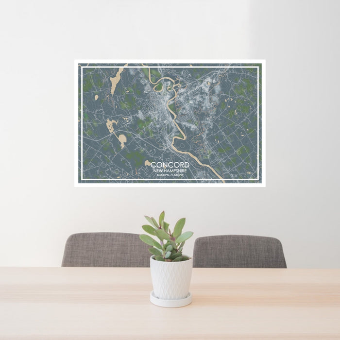 24x36 Concord New Hampshire Map Print Lanscape Orientation in Afternoon Style Behind 2 Chairs Table and Potted Plant