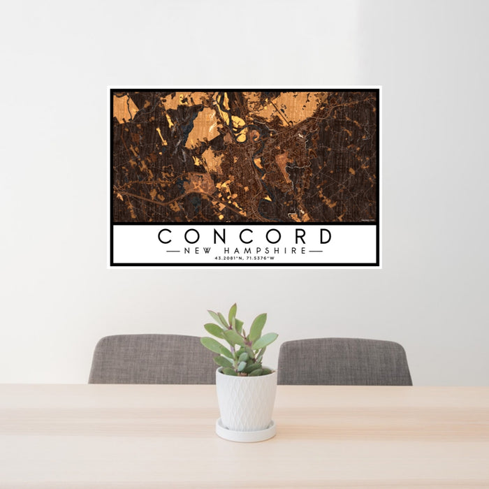 24x36 Concord New Hampshire Map Print Lanscape Orientation in Ember Style Behind 2 Chairs Table and Potted Plant
