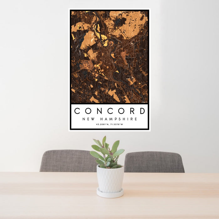 24x36 Concord New Hampshire Map Print Portrait Orientation in Ember Style Behind 2 Chairs Table and Potted Plant