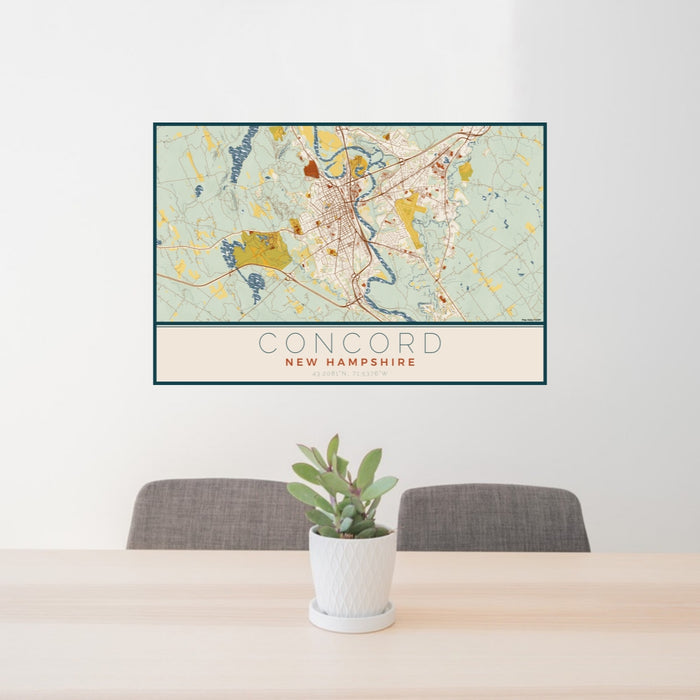 24x36 Concord New Hampshire Map Print Lanscape Orientation in Woodblock Style Behind 2 Chairs Table and Potted Plant