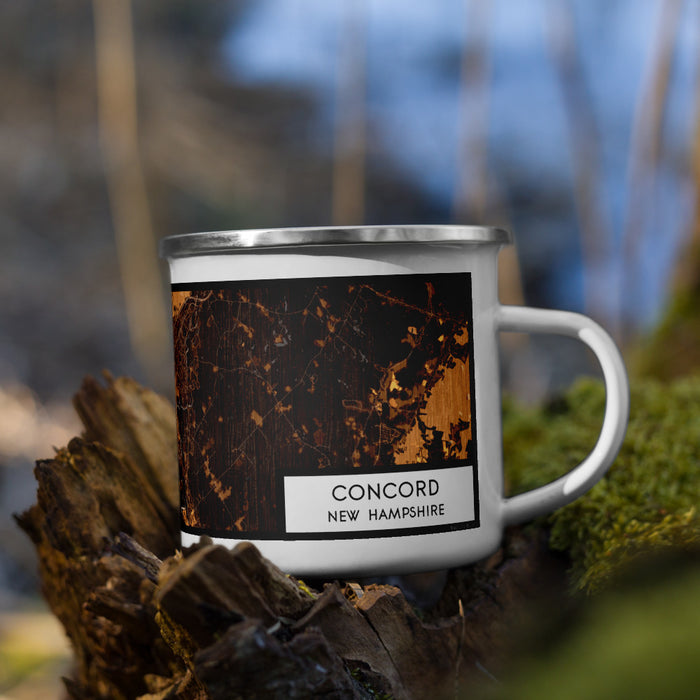 Right View Custom Concord New Hampshire Map Enamel Mug in Ember on Grass With Trees in Background