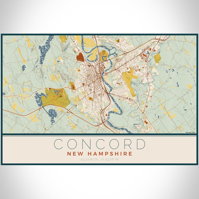 Concord New Hampshire Map Print Landscape Orientation in Woodblock Style With Shaded Background
