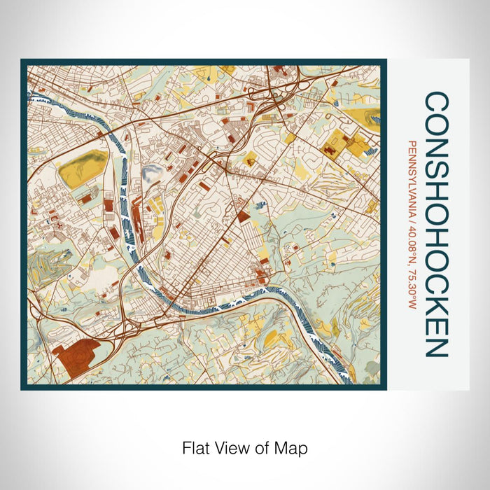 Rendered View of Conshohocken Pennsylvania Map on 20oz Stainless Steel Insulated Bottle with Bamboo Top with printed woodblock style map