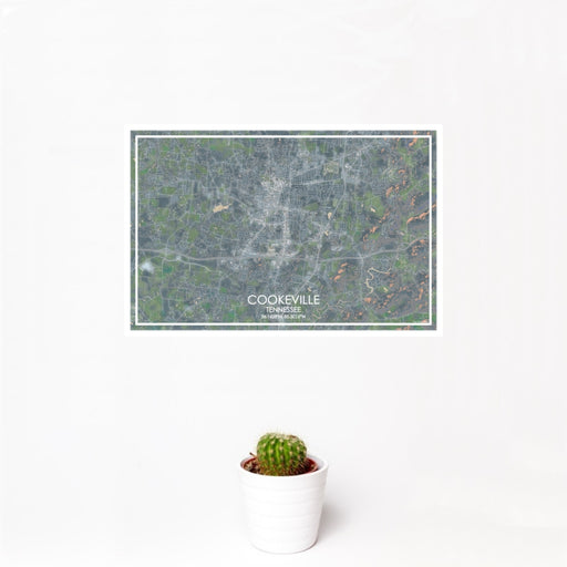 12x18 Cookeville Tennessee Map Print Landscape Orientation in Afternoon Style With Small Cactus Plant in White Planter