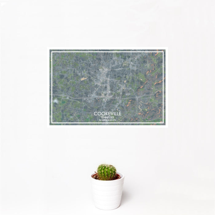 12x18 Cookeville Tennessee Map Print Landscape Orientation in Afternoon Style With Small Cactus Plant in White Planter