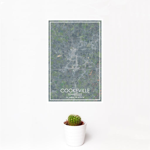 12x18 Cookeville Tennessee Map Print Portrait Orientation in Afternoon Style With Small Cactus Plant in White Planter