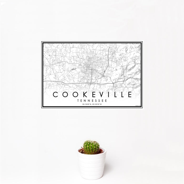 12x18 Cookeville Tennessee Map Print Landscape Orientation in Classic Style With Small Cactus Plant in White Planter