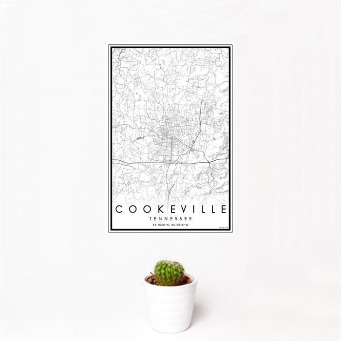 12x18 Cookeville Tennessee Map Print Portrait Orientation in Classic Style With Small Cactus Plant in White Planter