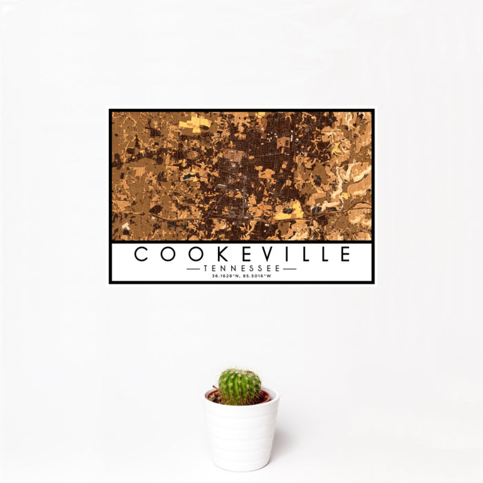 12x18 Cookeville Tennessee Map Print Landscape Orientation in Ember Style With Small Cactus Plant in White Planter