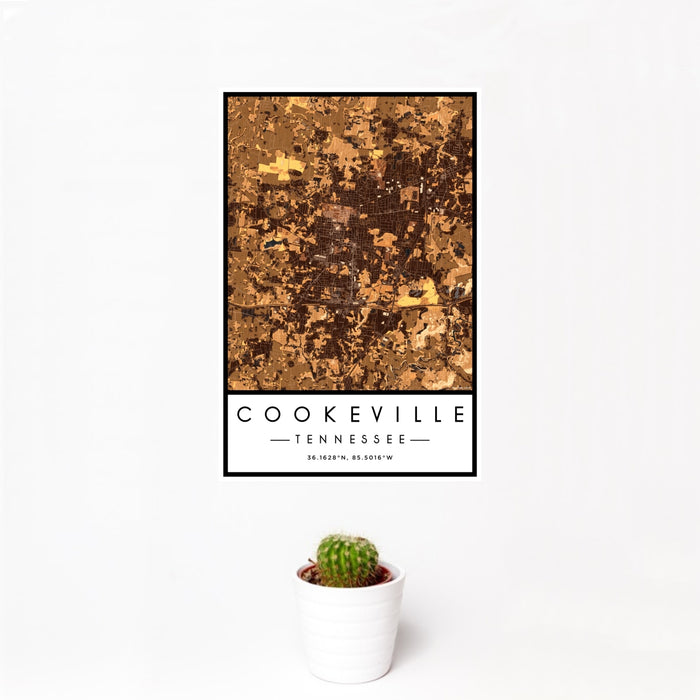 12x18 Cookeville Tennessee Map Print Portrait Orientation in Ember Style With Small Cactus Plant in White Planter