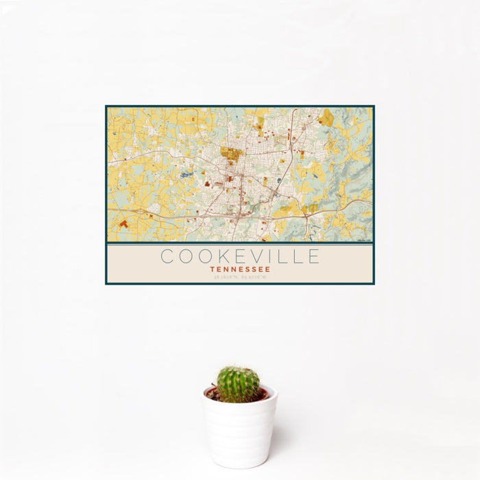 12x18 Cookeville Tennessee Map Print Landscape Orientation in Woodblock Style With Small Cactus Plant in White Planter