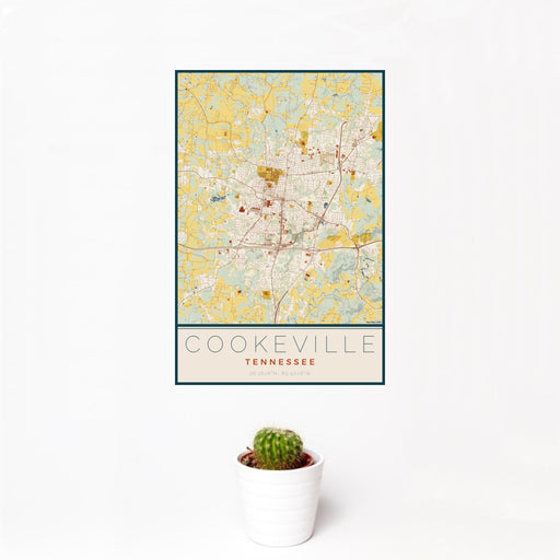 12x18 Cookeville Tennessee Map Print Portrait Orientation in Woodblock Style With Small Cactus Plant in White Planter