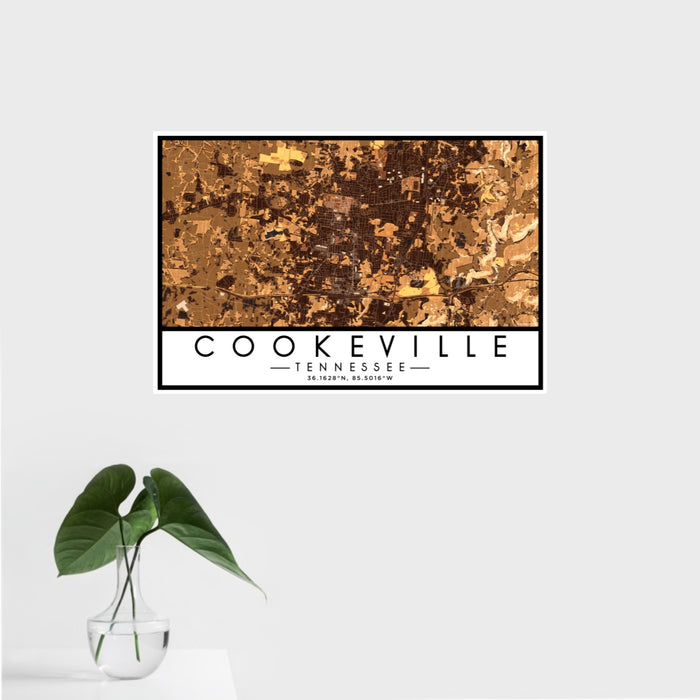 16x24 Cookeville Tennessee Map Print Landscape Orientation in Ember Style With Tropical Plant Leaves in Water