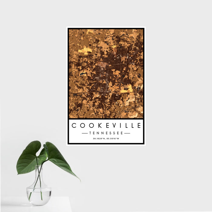 16x24 Cookeville Tennessee Map Print Portrait Orientation in Ember Style With Tropical Plant Leaves in Water