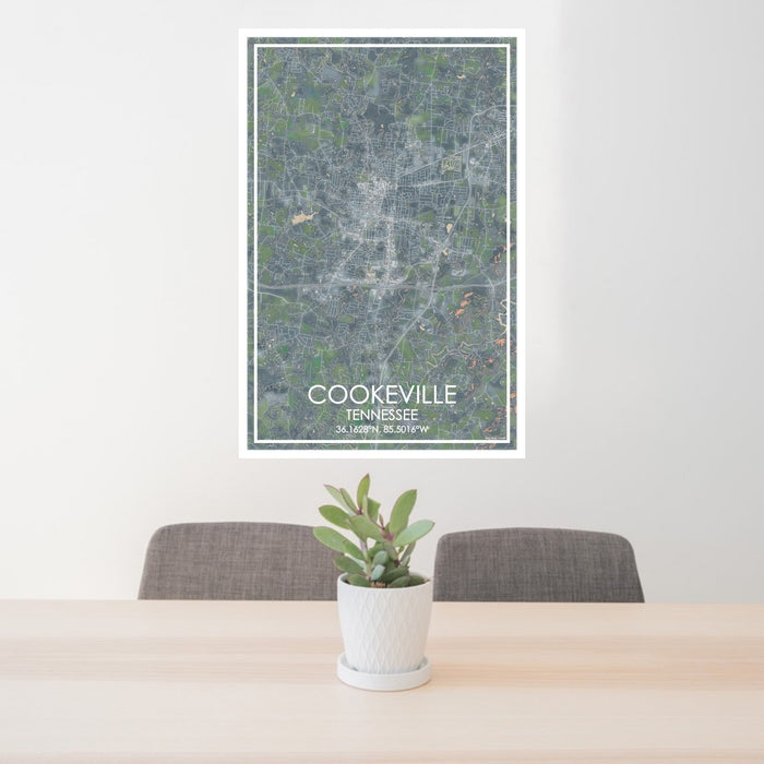 24x36 Cookeville Tennessee Map Print Portrait Orientation in Afternoon Style Behind 2 Chairs Table and Potted Plant