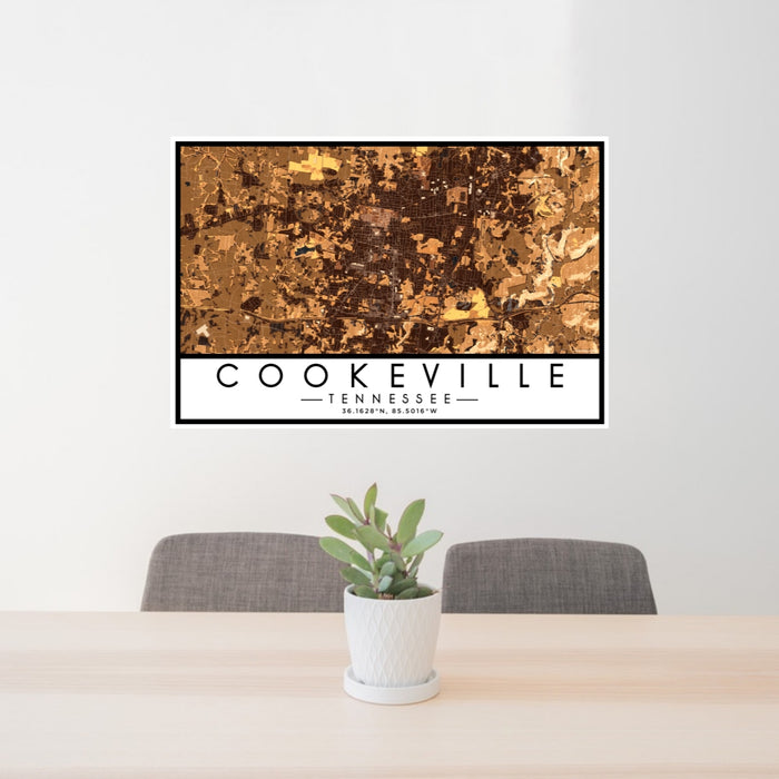 24x36 Cookeville Tennessee Map Print Lanscape Orientation in Ember Style Behind 2 Chairs Table and Potted Plant