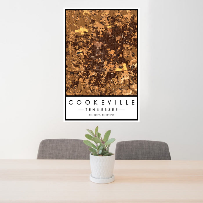 24x36 Cookeville Tennessee Map Print Portrait Orientation in Ember Style Behind 2 Chairs Table and Potted Plant