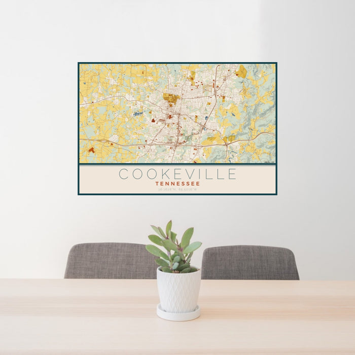 24x36 Cookeville Tennessee Map Print Lanscape Orientation in Woodblock Style Behind 2 Chairs Table and Potted Plant